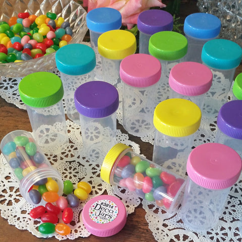 15 Clear Plastic Party Favor Jars w/ Screw-on Multi Color Caps (1 1/2oz) - #3814