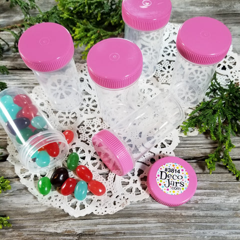 Free Shipping! 15 Clear Plastic Party Jars w/ Screw-on Opaque Pink Caps (1 1/2oz) - #3814