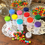 15 Clear Plastic Party Favor Jars w/ Screw-on Multi Color Opaque Caps (1 1/2oz) - #3814
