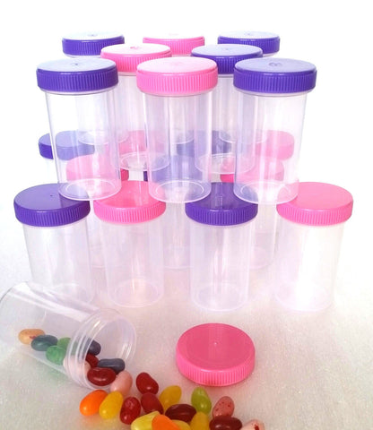 Free Shipping! 15 Clear Plastic Jars w/ Screw-on Opaque 8 Pink & 7 Purple Caps Doc McStuffins (1 1/2oz) - #3814