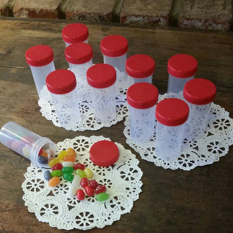 Free Shipping! 15 Clear Plastic Jars w/ Screw-on Ribbed Opaque Red Caps (1 1/2oz) - #3814