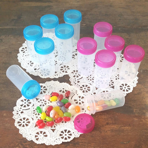 Free Shipping! 15 Clear Plastic Jars w/ Screw-on Transparent 7 Aqua Blue & 8 Pink Caps (1 1/2oz) - #3814 - USA