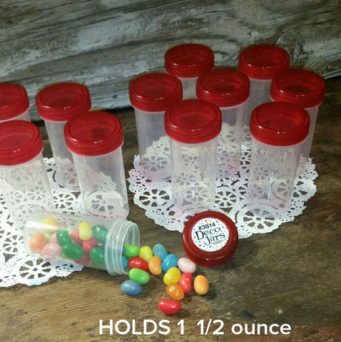 15 Clear Plastic Jars w/ Screw-on Ribbed Transparent Red Caps (1 1/2oz) - #3814 USA Made